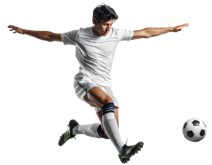 Male soccer player executing a powerful forward volley shot, isolated on a transparent background, PNG