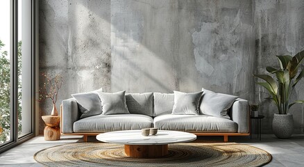Modern Living Room with Grey Sofa, It shows a modern living room featuring a grey sofa and plants. Great for interior design, home decor, or real estate visuals.
