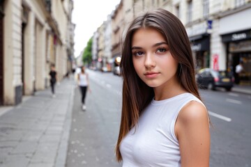 Fototapeta premium Portrait of a trendy young woman walking in the street with copy space