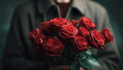 Bouquet of Red Roses". It shows a person holding a vibrant bouquet of red roses. Great for romance, weddings, or Valentine's Day visuals.
