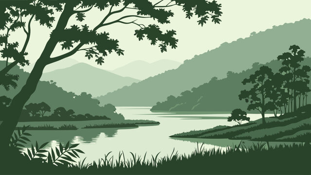 Serene River Landscape with Lush Green Foliage and Rolling Hills Nature Illustration for Background or Design.