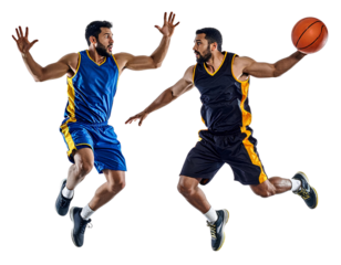Midair action of two basketball players from opposing teams, one preparing to shoot while the other blocks, isolated on a transparent background, PNG