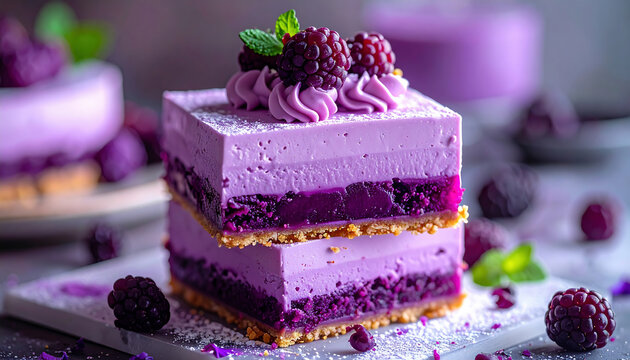 Elegant layered purple cake decorated with blueberries and cream, served on a plate 