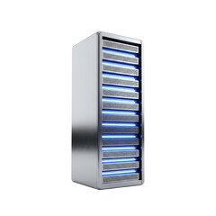 Illustration of server rack with blue lights isolated on transparent background data center equipment for network and cloud computing