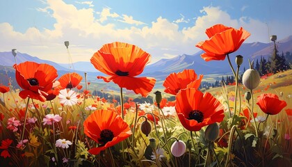 Colorful poppy field painting under a blue sky with mountains in background