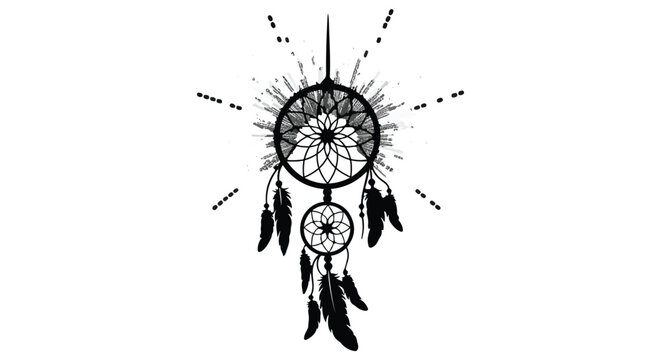 Dreamcatcher with radiating lines and feathers, symbolizing protection and good dreams.
