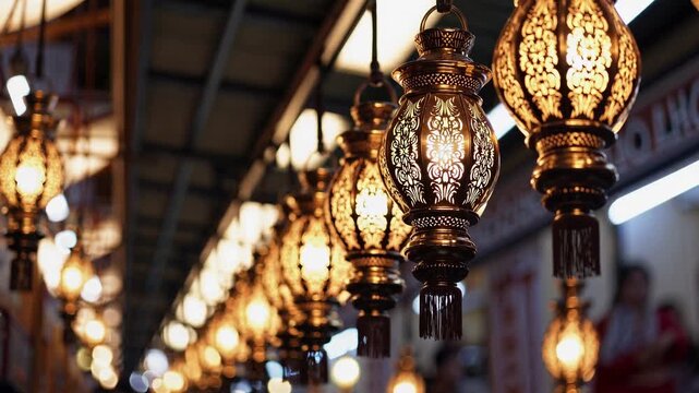 Warm, ornate lanterns in a row create a cozy ambiance. Captured from a low angle, perfect for a cultural or travel-themed video backdrop.