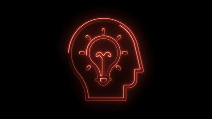 Animated glowing neon human head with light bulb idea symbol on black background