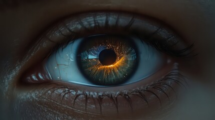 A close up of an eye with a glowing orange pattern radiating from the pupil and visible eyelashes