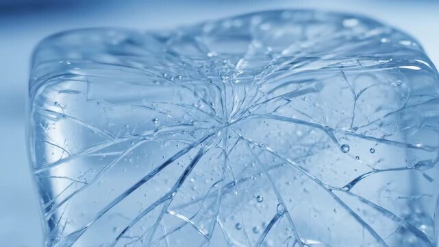 Detailed slow motion of a solid ice block fracturing into intricate cracks process, shattering, breaking