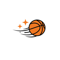 A dynamic orange basketball icon with motion lines and sparkling stars, symbolizing speed and athletic energy on a clean white background.