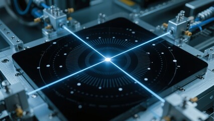 Laser beams intersect on a precision optical platform in a high-tech laboratory setting