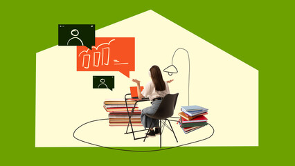 Modern artwork. Woman in headphones working remotely surrounded by books and video chat icons. Concept of online learning, education, digital communication, concentration and productivity.