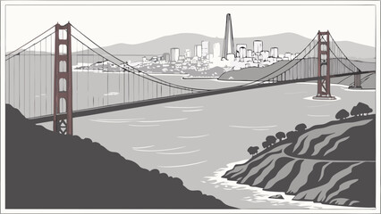Fototapeta premium Stylized illustration of a suspension bridge and cityscape monochrome design.