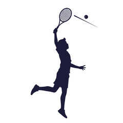 A dynamic silhouette illustration captures an athletic male tennis player mid-air, powerfully serving the ball with intense focus during a competitive match.