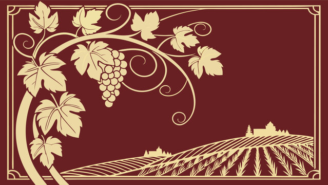 Elegant vineyard illustration with grapes and rolling hills, perfect for wine labels, winery branding, or restaurant menus, sophisticated design