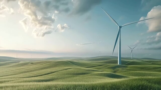 Big wind power farm with rotation color propellers