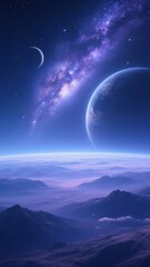 A breathtaking view of a distant planet with a glowing galaxy and crescent moon above a mountainous landscape.