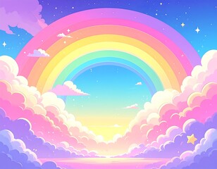 Colorful Rainbow and Dreamy Clouds: A Whimsical and Pastel-Colored Illustration