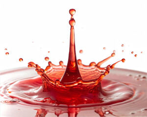 High speed photograph captures red liquid droplet impact creating crown splash and splatter