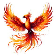 Obraz premium Fiery phoenix bird rising with wings spread isolated on transparent background