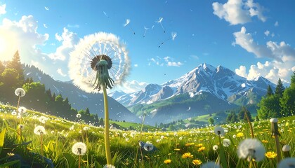 Dandelion field in a beautiful mountain landscape under a clear blue sky