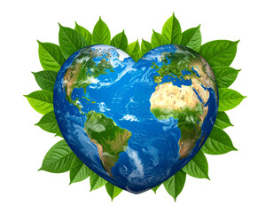 Heart Shaped Earth Globe with Green Leaves Isolated on White