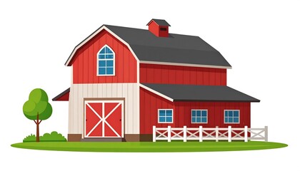 Colorful Red Barn Illustration in a Farm Setting with a Tree and Fence