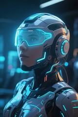 Futuristic humanoid in advanced cybernetic armor with glowing blue visor and illuminated suit details