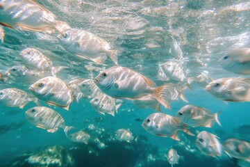 Obraz premium Schools of silver fish swim gracefully through clear ocean waters in tropical surroundings