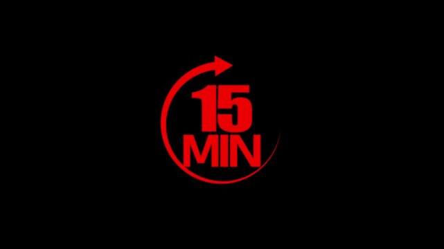 Red color circle arrow refresh icon and  15 min timer icon animation on black background . 