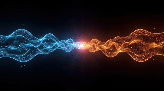 Abstract illustration of blue and orange wavy energy streams colliding in the center on black