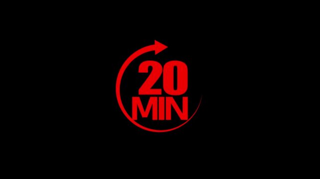 Red color circle arrow refresh icon and  20 min timer icon animation on black background . 
