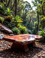 Polished Reddishbrown Stone Bench Forest Setting