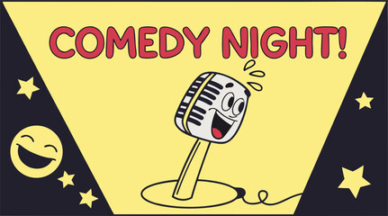 Hilarious comedy night event with microphone and laughing emoji promises a fun filled evening of stand up and good times,vector design for posters
