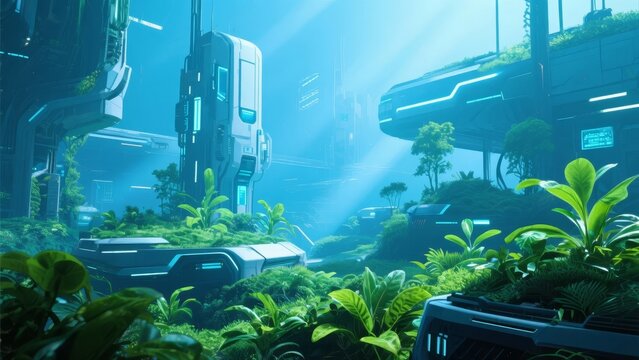Futuristic bioluminescent cityscape with lush greenery and advanced architecture