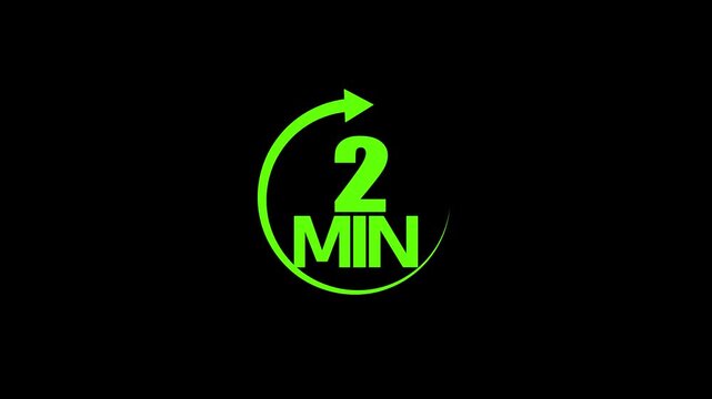 Green  color circle arrow refresh icon and  2 min timer icon animation on black background . 