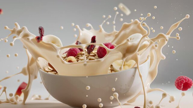 An oat milk raspberry banana apple splash breakfast healthy fresh cereal white bowl with vibrant fruit and nuts, wholesome natural ingredient, organic vegetarian meal, delicious morning nutrition