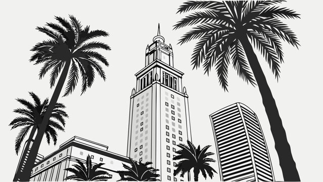 Urban Skyline with Palm Trees Black and White Illustration. - Powered by Adobe