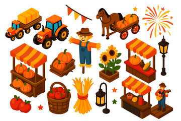 Fototapeta premium Harvest Festival Fun. Isometric vector illustration set Harvest Festival: tractor parade, hay wagon, pumpkin stand, scarecrow,