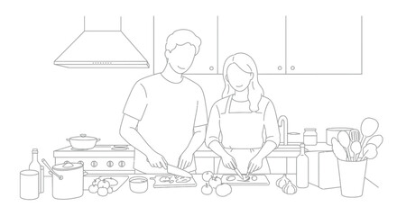 Couple cooking together in a kitchen a simple line art illustration
