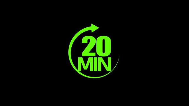 Green  color circle arrow refresh icon and  20 min timer icon animation on black background . 