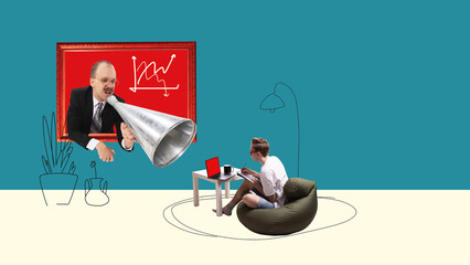 Composition of manager shouting through megaphone in frame at employee working from beanbag. Concept of remote work tension, communication gap, online leadership for HR and business training visuals.