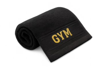 Black gym towel with gold lettering rolling up