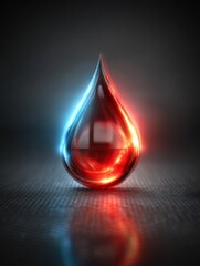 Obraz premium Glowing Red and Blue Water Droplet Captured in High Detail Against a Dark Background With Reflections