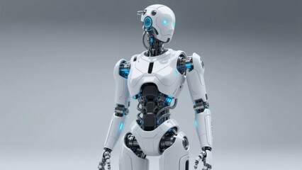 Humanoid robot with sleek white and blue design standing against a neutral background
