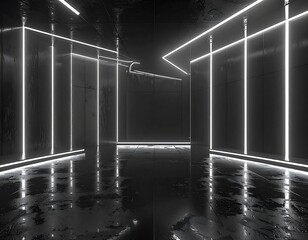 Dark futuristic interior design with neon lighting, creating an abstract atmosphere