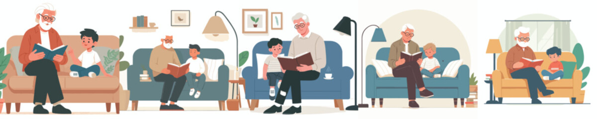 vector of a grandfather reading a story book to his grandson