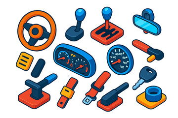 Automotive Control Icons. Isometric vector illustration set Automotive Control Panel: steering wheel, gearshift, pedal, dashboard,