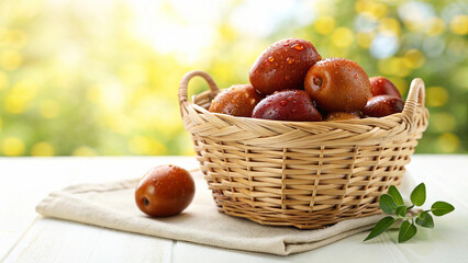 Jujube in basket with water drop on surface in natural warm sunlight background